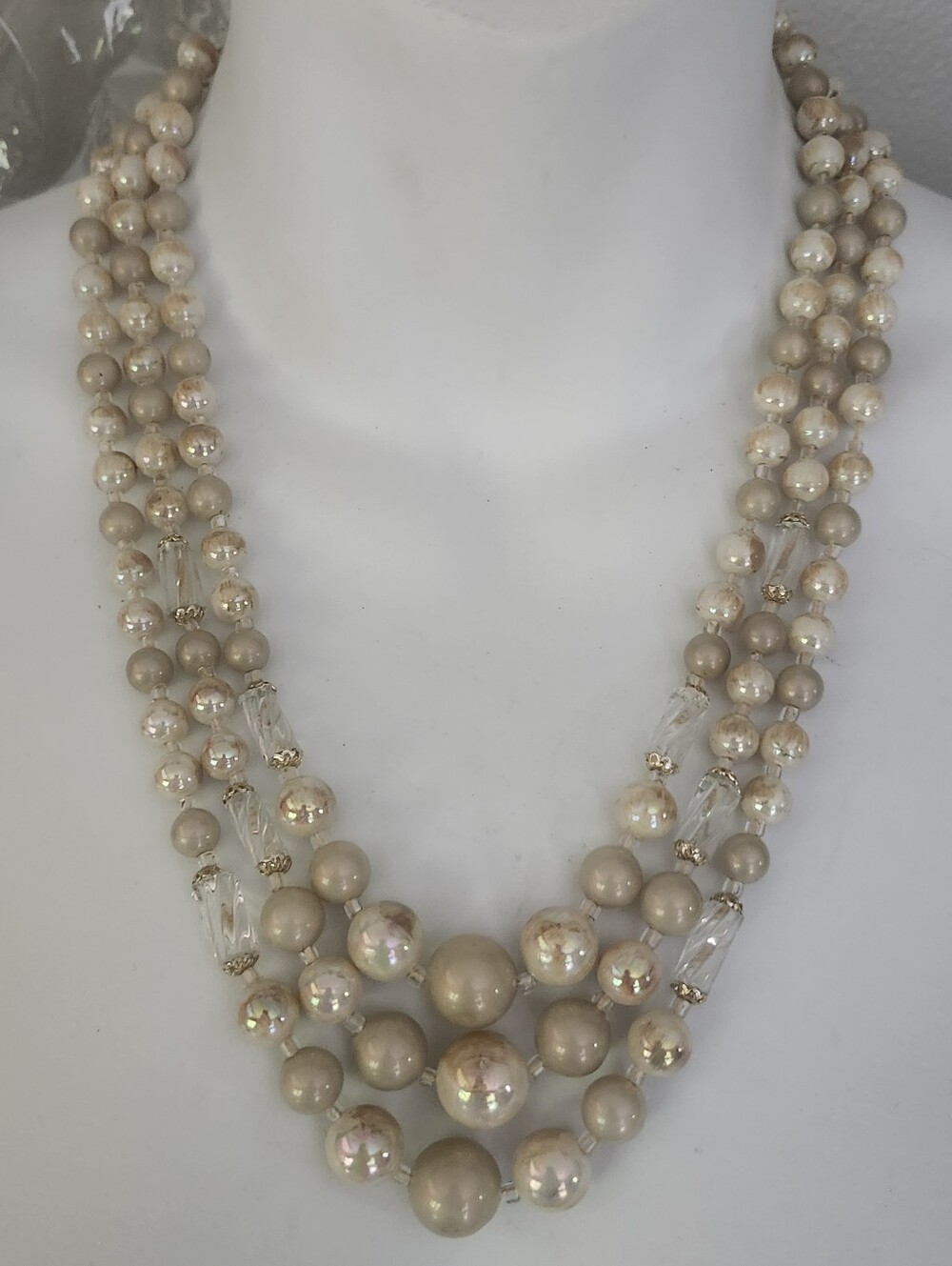 Vtg Japan Multi-Strand Faux Pearl & Clear Lucite Beaded Necklace